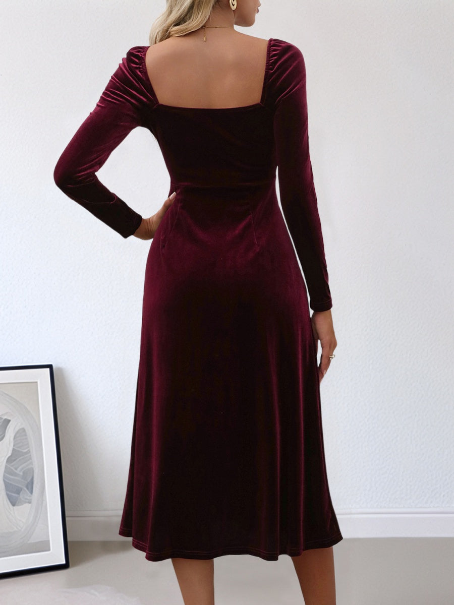 Long-sleeved Square Neckline Burgundy Velvet Slit Formal Dinner Cocktail Party Christmas Midi Dress