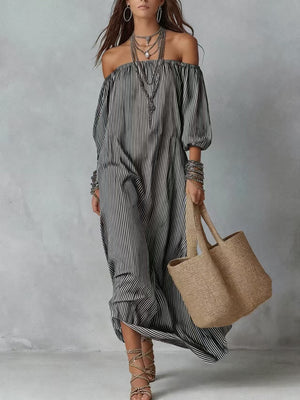 Striped Off-shoulder Loose-fitting Vacation Style Maxi Dresses