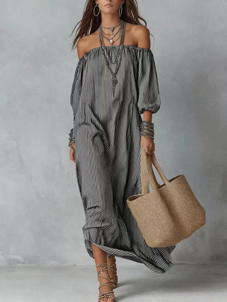 Striped Off-shoulder Loose-fitting Vacation Style Maxi Dresses