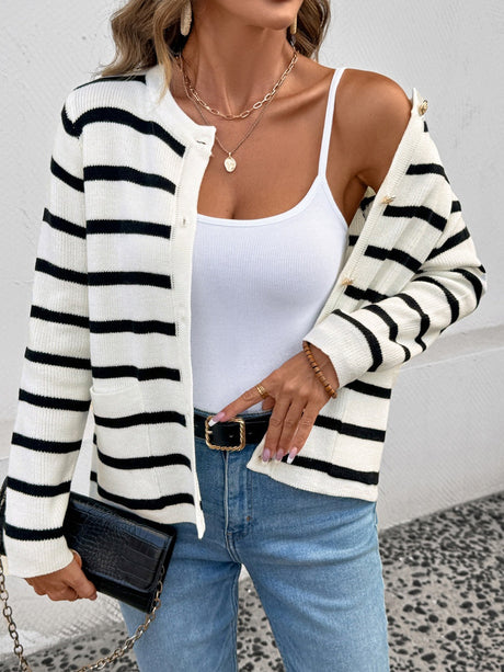 Women's Buttons Black and white striped knitted cardigan