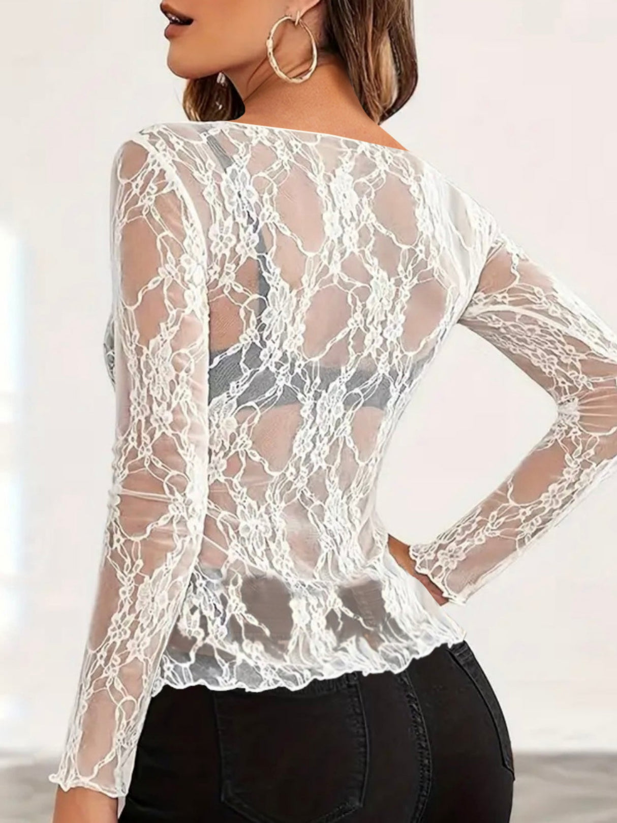 Lace See-through Sexy Mesh Off-the-shoulder Neckline Long-sleeved Top