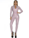 PU Leather Zipper Crossing The Crotch Long Sleeves Jumpsuits&Bodysuits