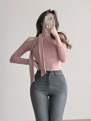 Elegant Tie-neck Fitted Long-sleeved T-shirt