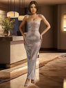 Strapless Rhinestone Hip-hugging Mesh Sequins Dinner Cocktail Maxi Dress