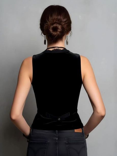 Black V-neck Lace-trimmed Single-breasted Velvet Vest
