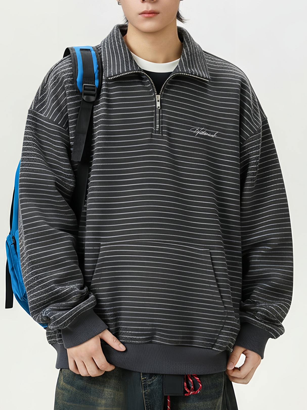 Stripes Stand Collar Half Zipper Letter Embroidery Sweatshirts