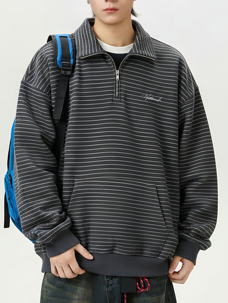 Stripes Stand Collar Half Zipper Letter Embroidery Sweatshirts