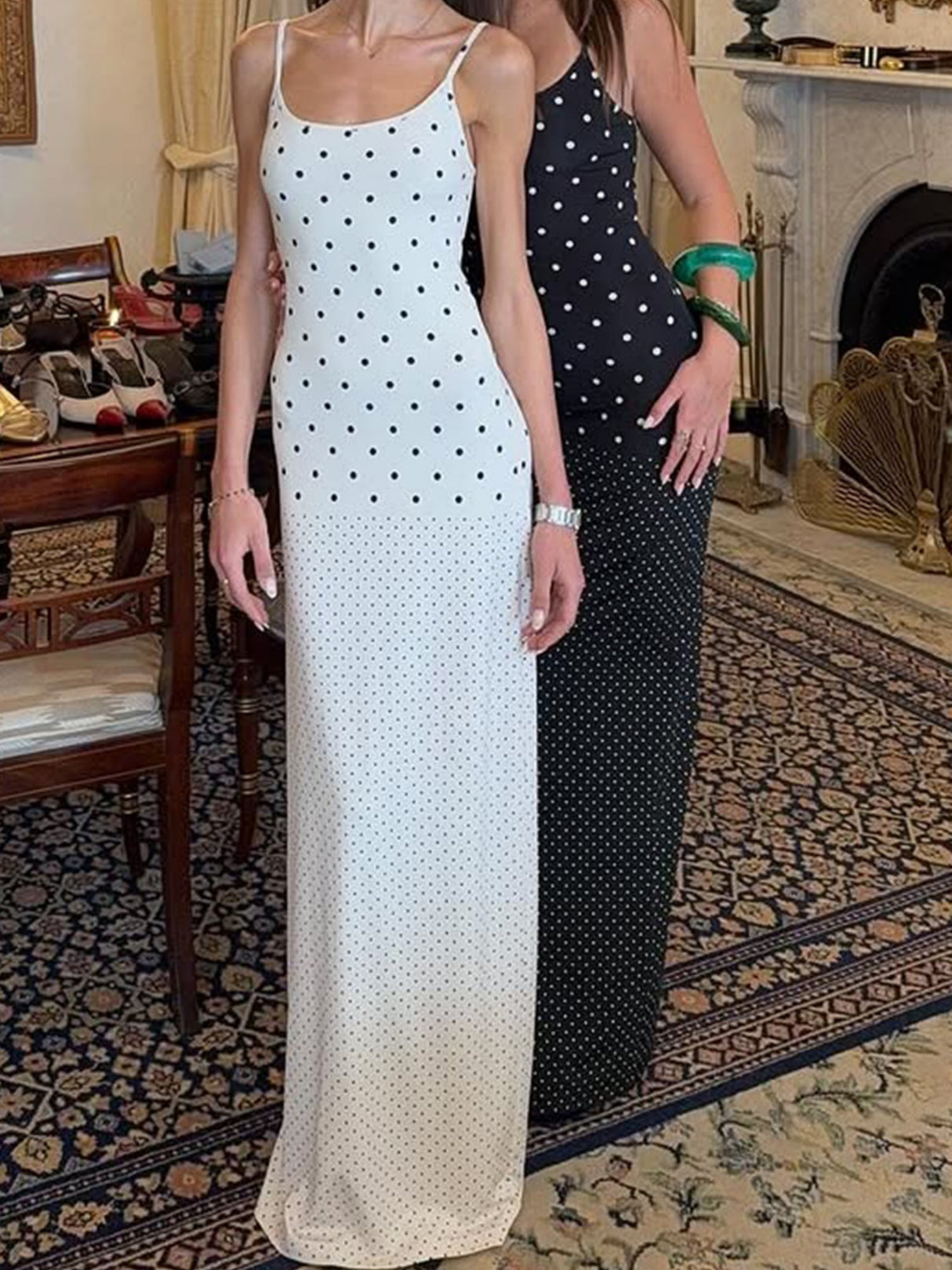 Polka Dots Spaghetti Strap Backless Bodycon Slimming Maxi Dresses