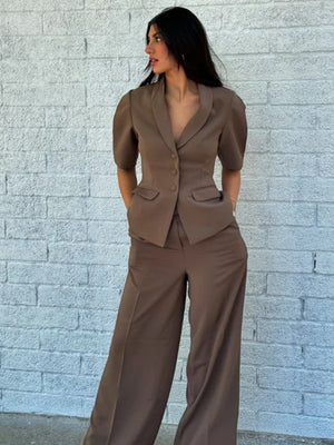 Brown Pleats Short-sleeved Suit Trousers 2-piece Sets
