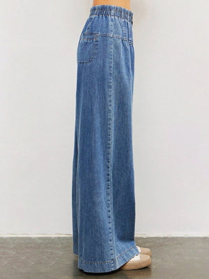 Straight-leg Pants, Water Wash Wide-leg Pants Elastic Waist Jeans