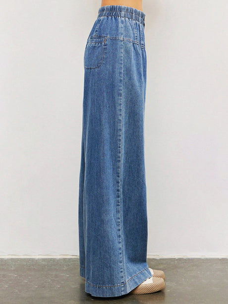 Straight-leg Pants, Water Wash Wide-leg Pants Elastic Waist Jeans