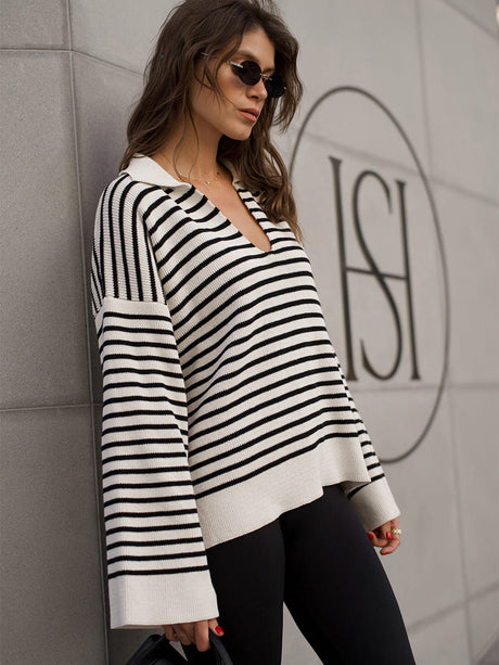 Black Striped Sweater With Collar, Long Sleeves, Loose Fit, Pullover Style.