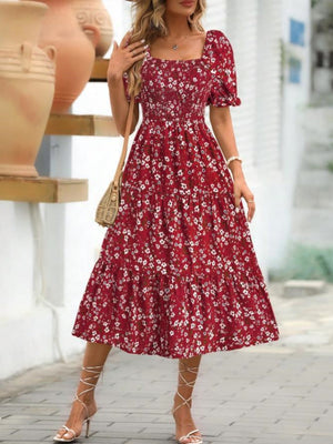 Floral Print Square Neckline And Puff Sleeves Maxi Dresses