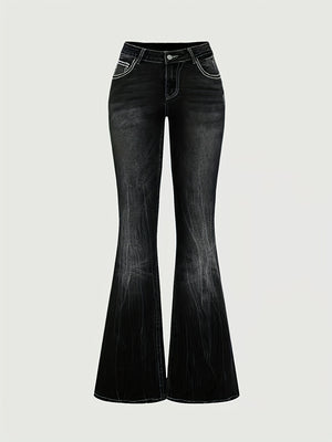 Women's Autumn/Winter Dark Washed Embroidered Rhinestone Flare Jeans