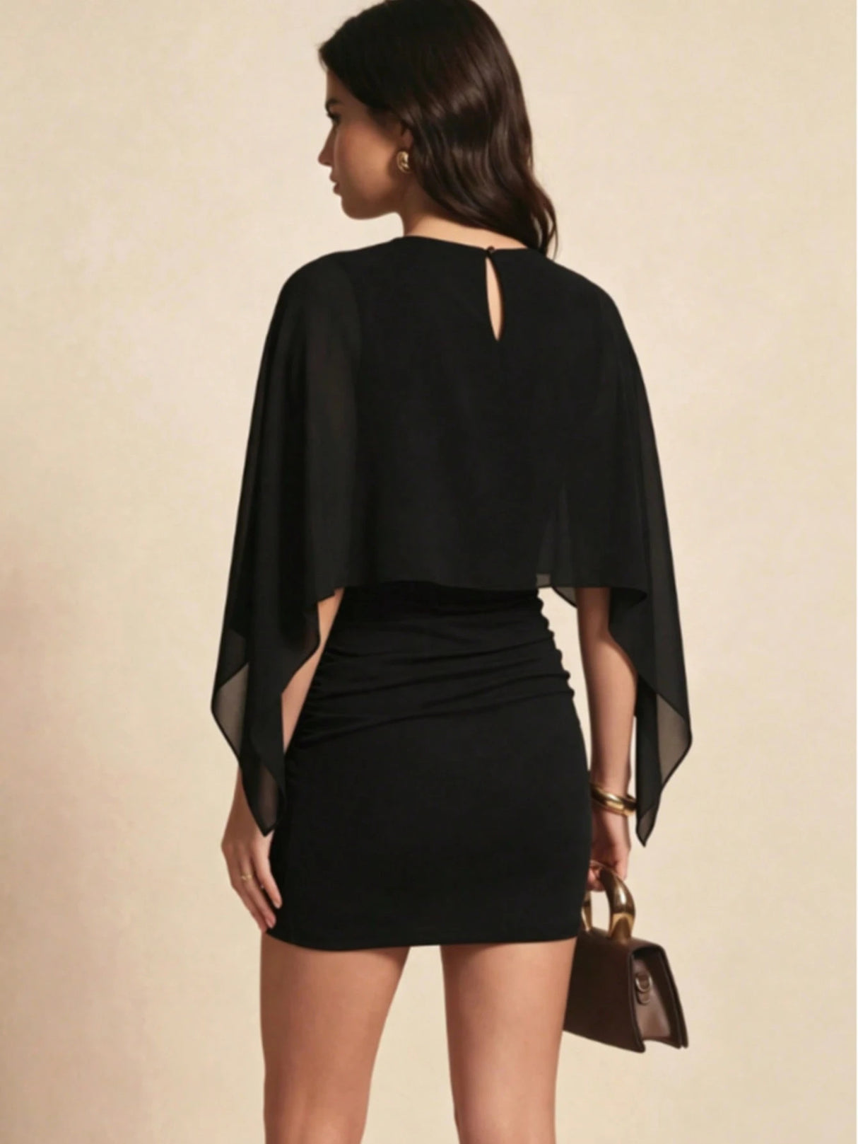 Cape-style Slim-fitting Ruched Bodycon Mini Solid Color Short Dress