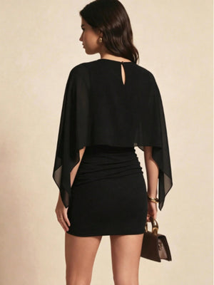 Cape-style Slim-fitting Ruched Bodycon Mini Solid Color Short Dress