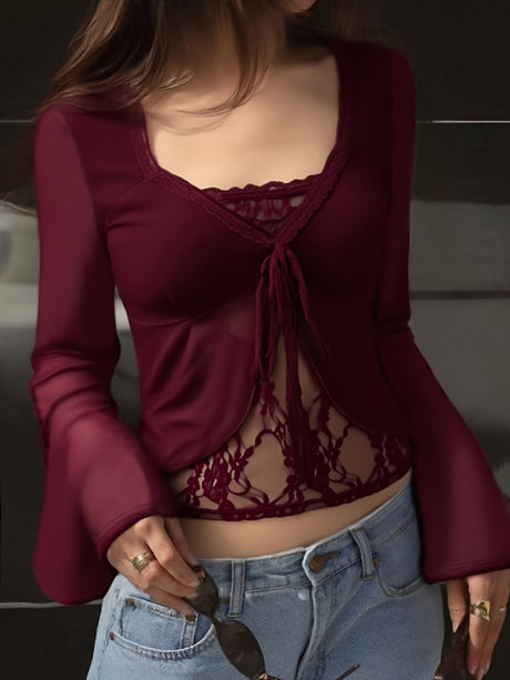 Lace-trimmed Bow-tie Bell-sleeve T-shirt