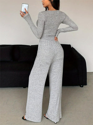 Long Sleeve Buttons Solid Color Tight Top Pants 2-piece Sets