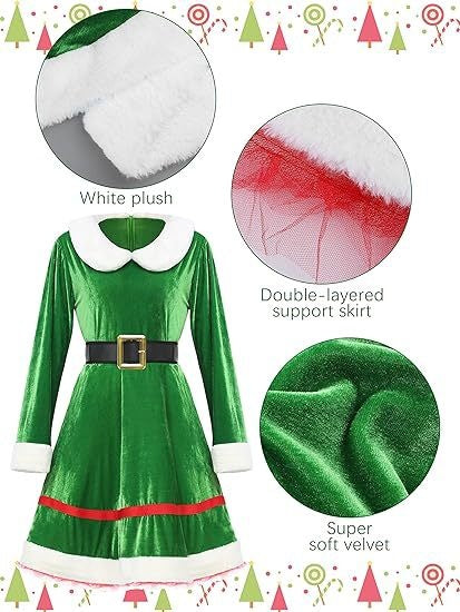 Christmas Velvet Dress Belt Striped Over-the-knee Socks Elf Hat Elf Costume Multi-piece Sets