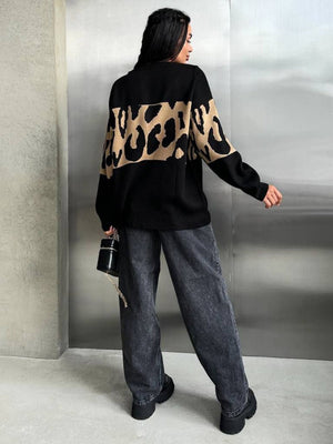 Liber Autumn women's leopard print clothing Raglan sleeve paneled pullover sweater