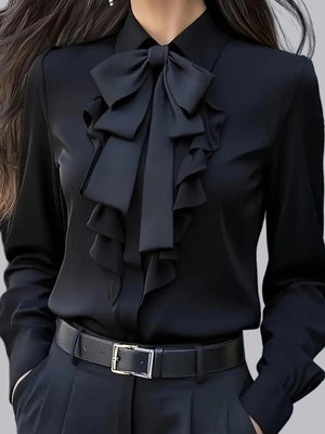 Solid Color Tie-up Bow Ruffle Design Shirt