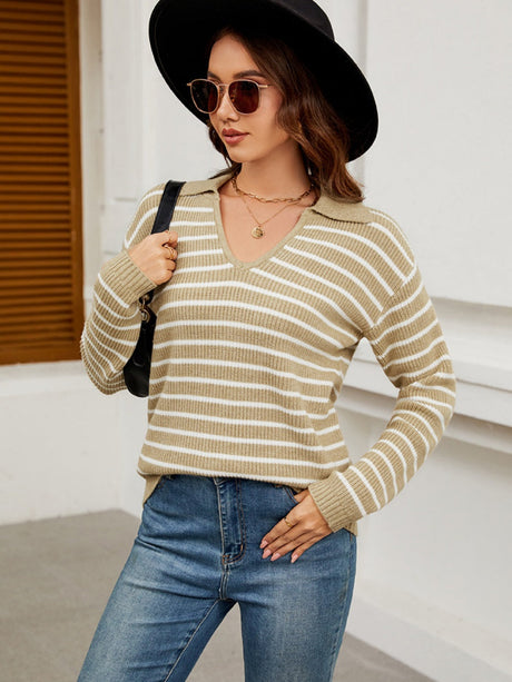 Liber Autumn Women's V-neck Contrasting colors Stripes Jacket Woolen