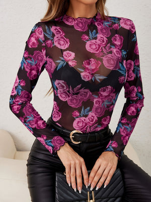 Liber Autumn Women's Wood ear Plants and Flowers Mesh&Sheer Tops