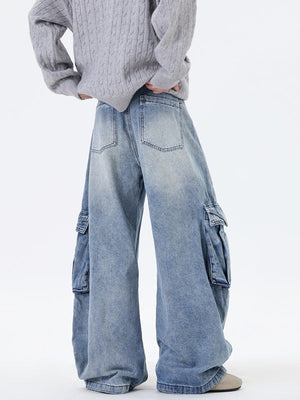 Old Washing Multiple Pockets Tooling Wide-leg Mopping Jeans