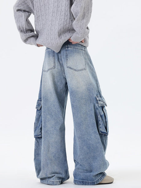 Old Washing Multiple Pockets Tooling Wide-leg Mopping Jeans