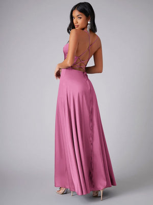 Backless Bandage Draped Collar Satin High Slit Bridesmaid Dresses Cocktail Party Maxi Dresses