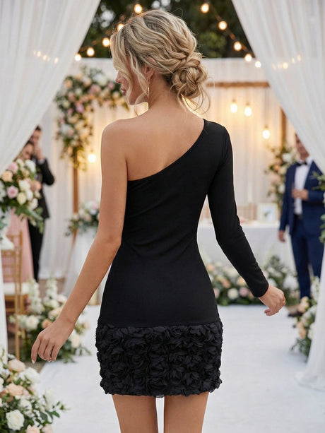 Einseitig bedrucktes, langärmeliges Abendkleid mit Paspelierung, 3D-Blumen, Hüftwickel, Mini- und Kurzkleider