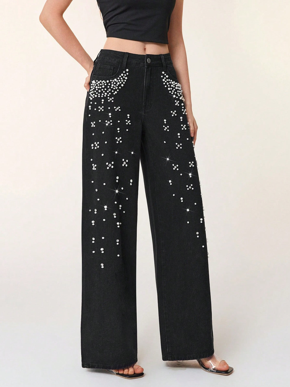 Women's Autumn/Winter Beaded High-Waisted Wide-Leg Jeans