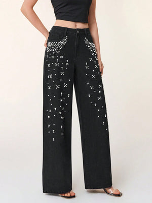 Women's Autumn/Winter Beaded High-Waisted Wide-Leg Jeans