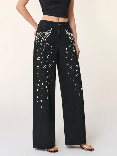 Women's Autumn/Winter Beaded High-Waisted Wide-Leg Jeans