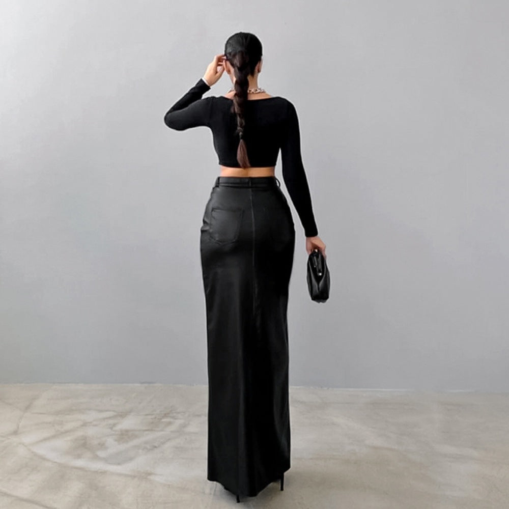 Slit Solid Color High Waist Simple Leather Slim Fit Midi Skirt