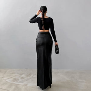 Slit Solid Color High Waist Simple Leather Slim Fit Midi Skirt