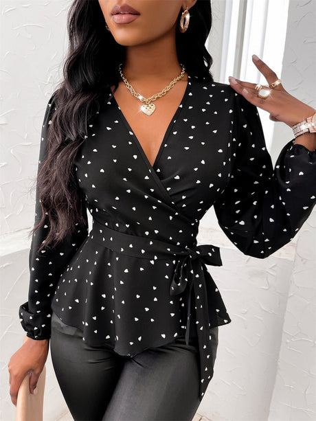 V-neck Heart-shaped Print Cross Neck Straps Blouse