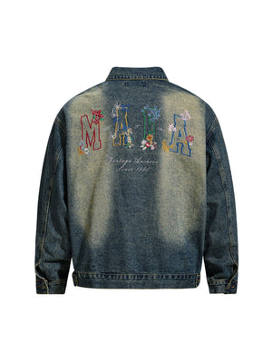 Washing Colorful Letter Embroidery Loose Denim Jacket