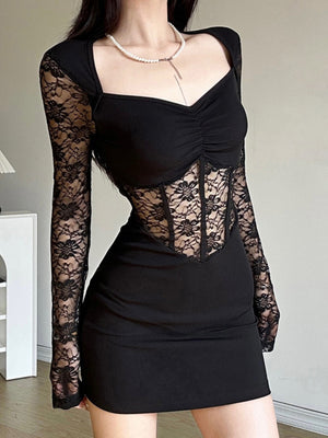 Lace Patchwork Perspective Pleated Hip Wrap Mini&Short Dresses