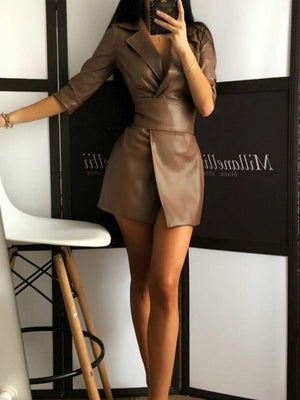 PU Leather Suit Collar Mid-length Sleeves Mini&Short Dresses With Belt