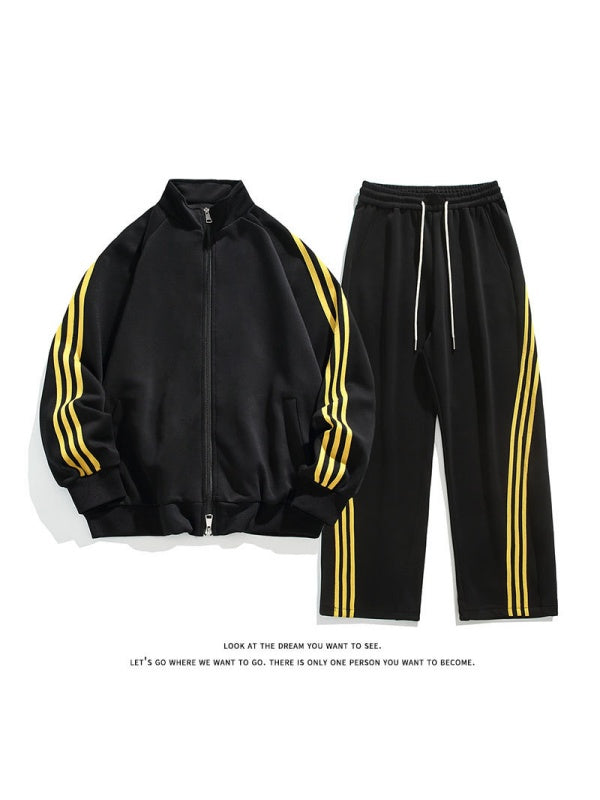 Color-blocked Stripes Straight-leg Trousers Sweatshirts Cardigan Set