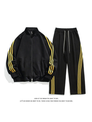 Color-blocked Stripes Straight-leg Trousers Sweatshirts Cardigan Set