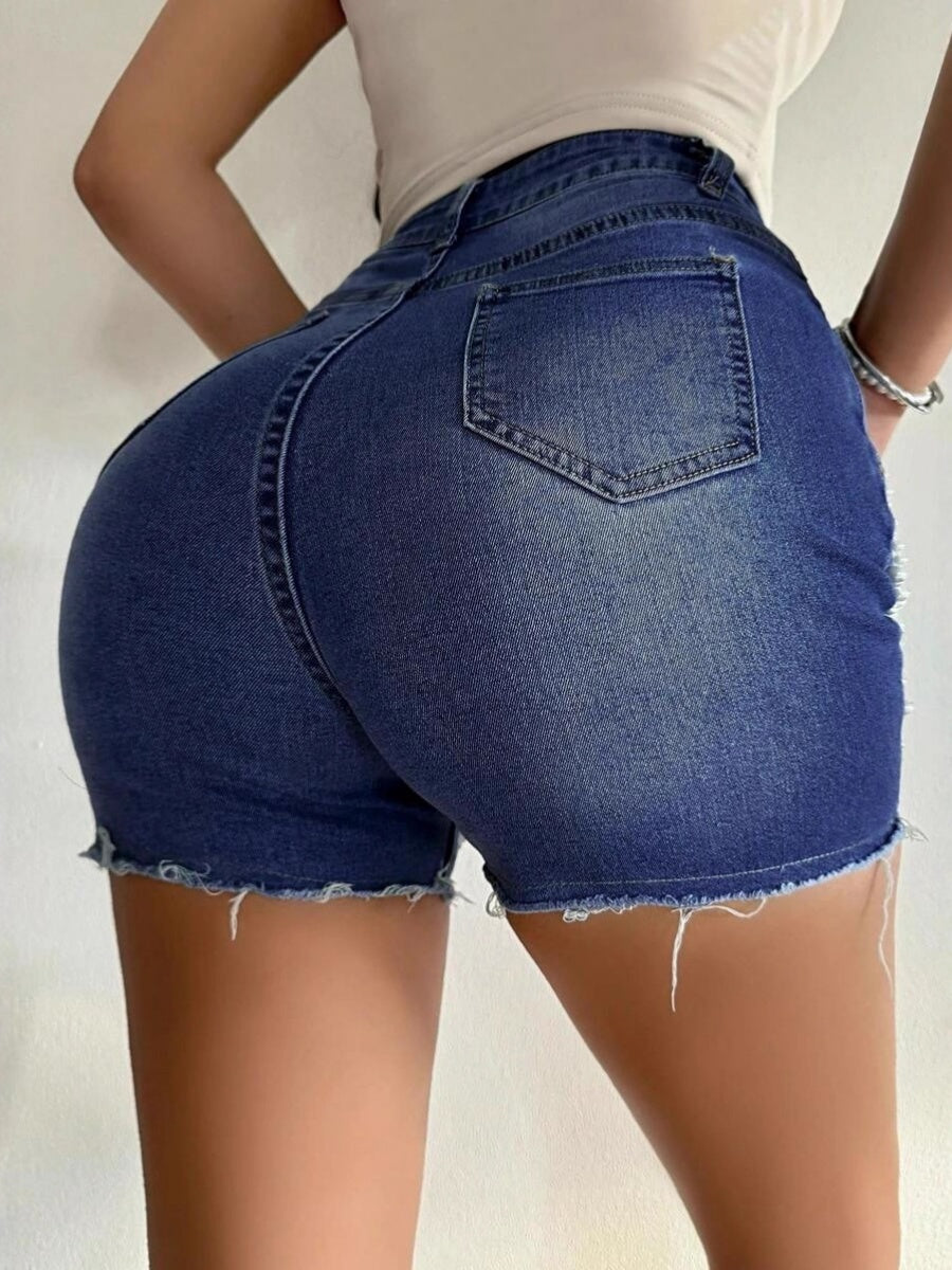 High-waisted, Slimming Pearl Chain Ripped Denim Shorts