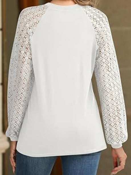 Lace Perspective Round Neck Long Sleeve T-shirts