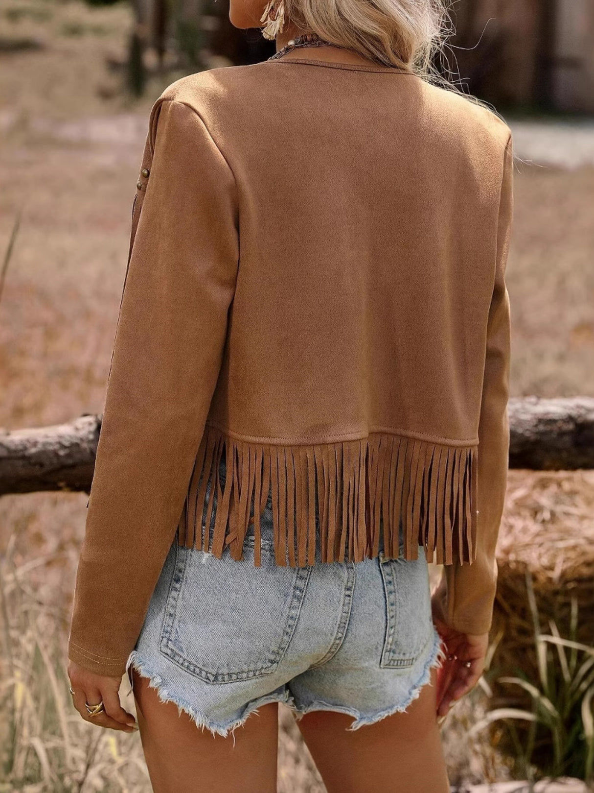 Imitation Suede Tassel Studs Long Sleeves Jackets