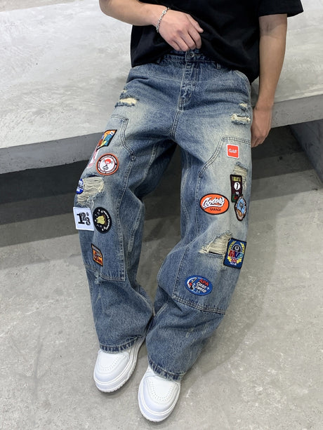 Badge Embroidery Denim Loose-fit Patchwork Fake Hole Wide-leg Jeans
