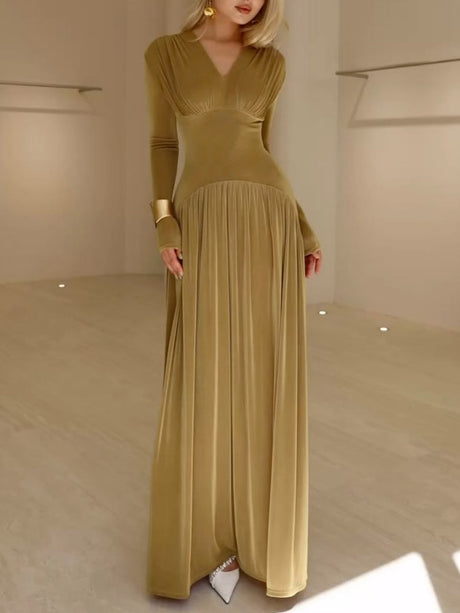 Velvet Slim Fit Solid Color Elegant Long Dress