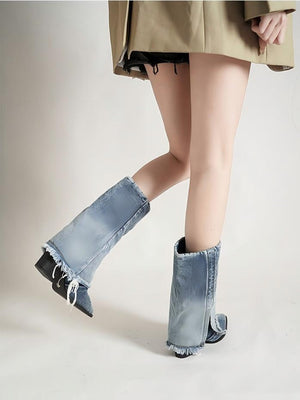 Blue Pointed-toe Denim Boots For Women
