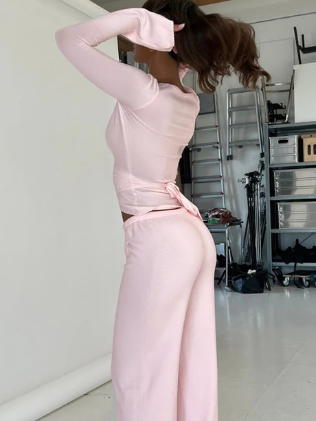 Lace-up V-neck Exercise Yoga Long-sleeved T-shirt Pants 2-piece Sets