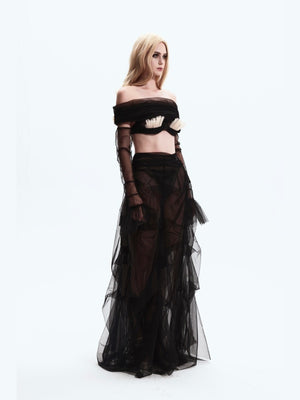 Bra Petal-shaped Off-shoulder Mesh Top (three-piece Set)